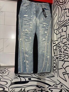 Men's Light Blue Distressed Bootcut Jeans with Bead Trim